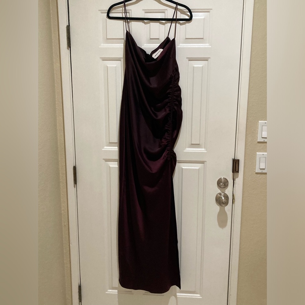BHLDN eggplant ruched side high slit maxi  dress